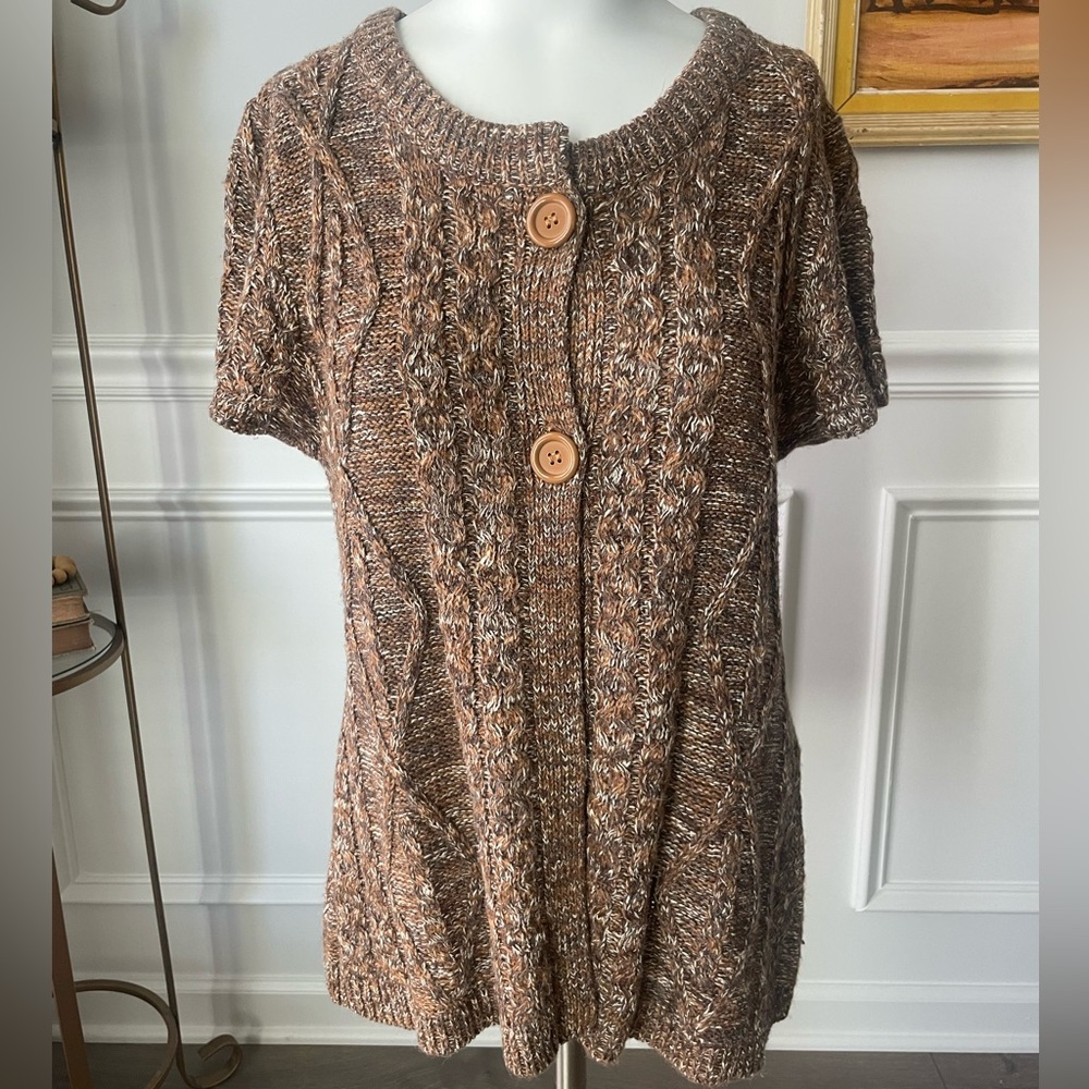 Dressbarn Marled Brown Short-Sleeve Cable Knit Cardigan